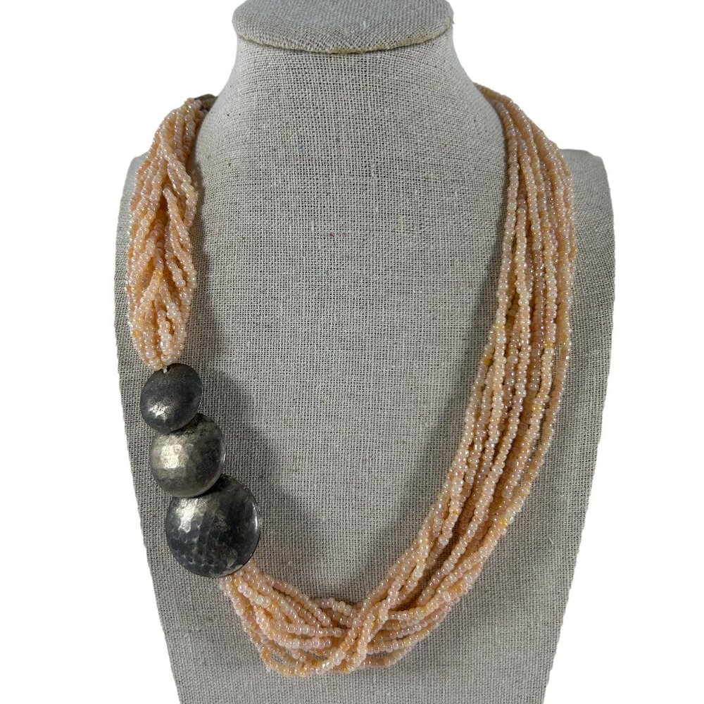 Pale Pink Seed Bead Necklace Multi Strand Silver Tone Beads Iridescent  20" Long